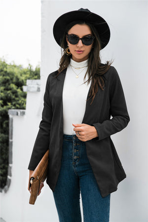 Black drape-front blazer with sculpted silhouette, open front, long sleeves, and a flowing hem.