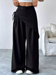 Black maternity wrap trousers with wide legs and tie detail