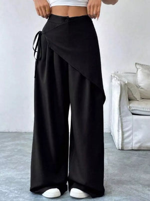 Black maternity wrap trousers with wide legs and tie detail