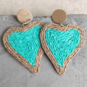 Aqua woven heart statement earrings with gold posts.