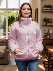 Pink textured sherpa zip-up jacket with stand collar and pockets