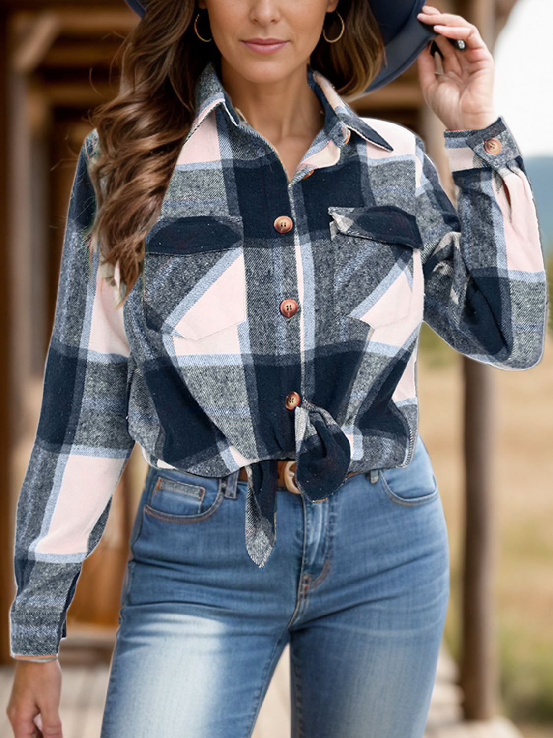 Checked plaid button-down overshirt with knot detail and chest pockets.