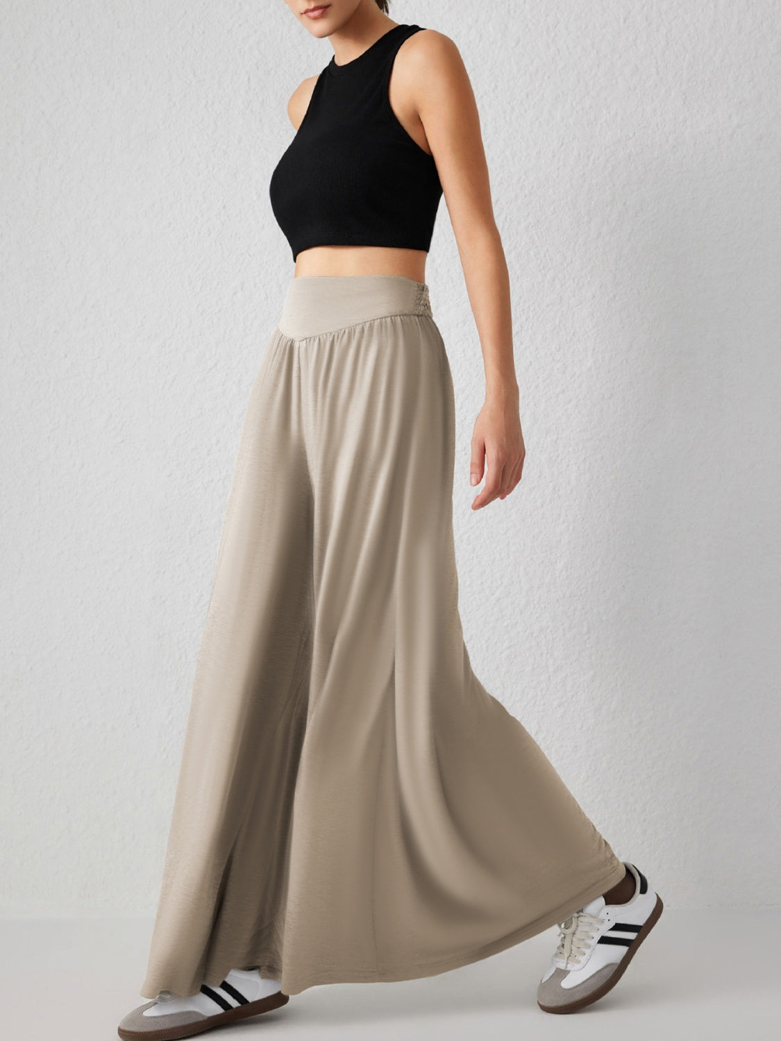 Khaki drape-front wide-leg jersey trousers with a high waist and subtle side slit.