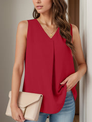 Deep Red sleeveless blouse with V-neck and front pleats.