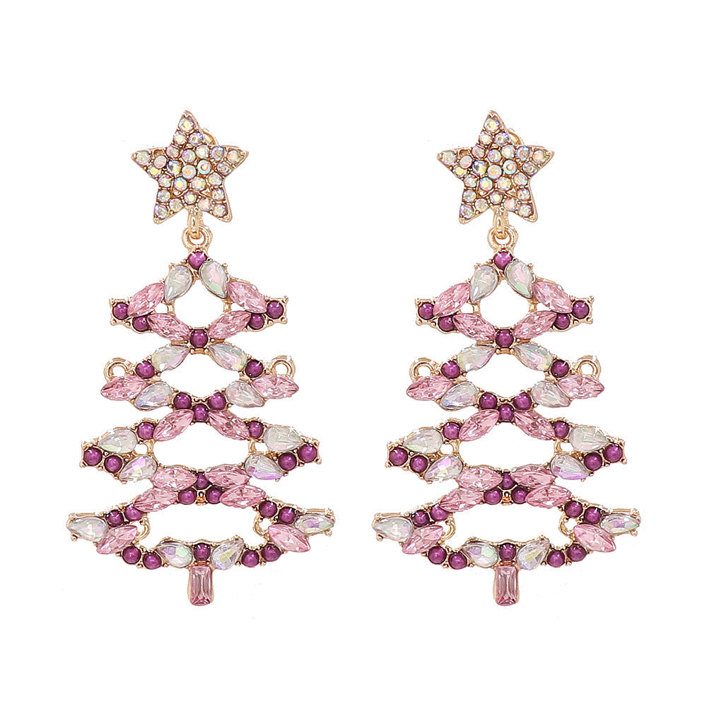 Festive crystal tree dangle earrings with pink and purple stones and a star top.