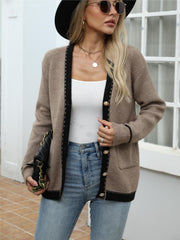 Taupe knit cardigan with contrast trim and gold buttons, open front, crew neck.