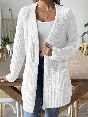 White textured bouclé open-front long cardigan with pockets.