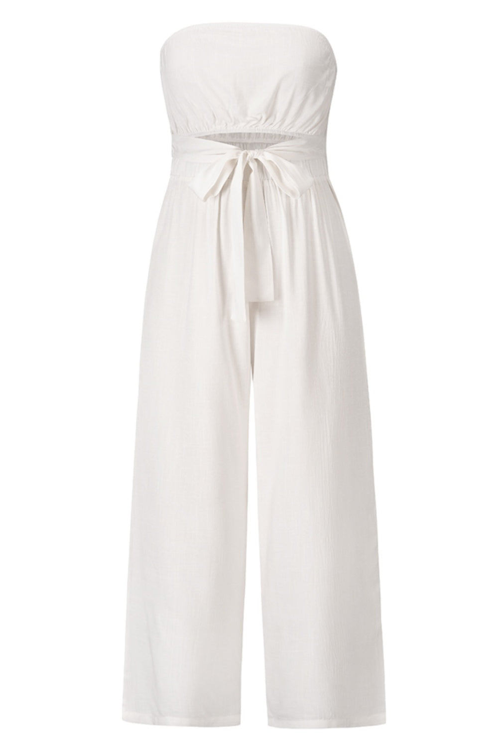 White bandeau jumpsuit with tie-waist and wide-leg pants