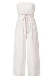 White bandeau jumpsuit with tie-waist and wide-leg pants