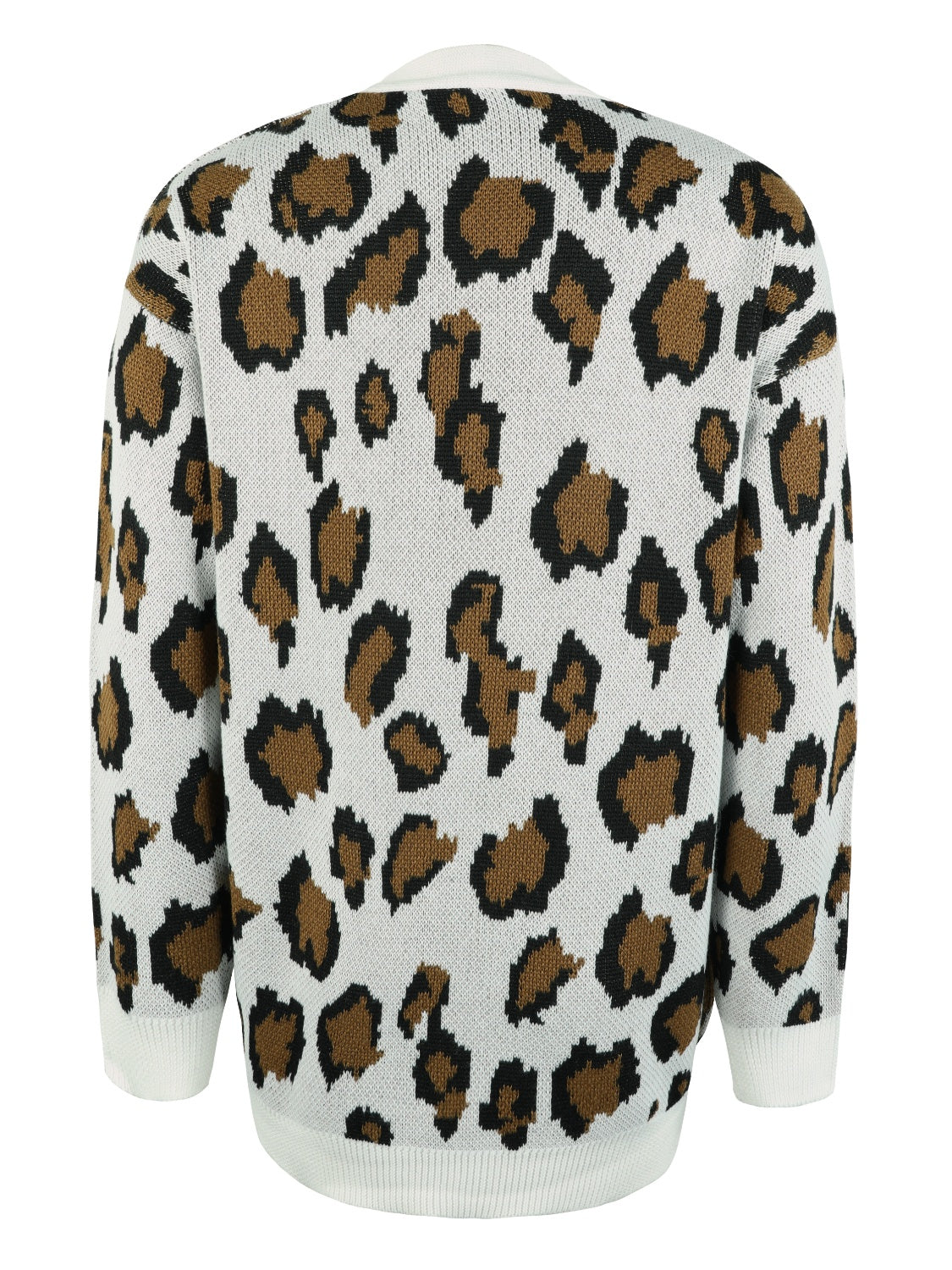 White leopard print knit cardigan with open front and long sleeves.