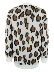 White leopard print knit cardigan with open front and long sleeves.