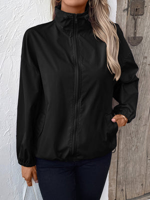 Black nylon bomber jacket with drawstring hem and zip front, casual outerwear.