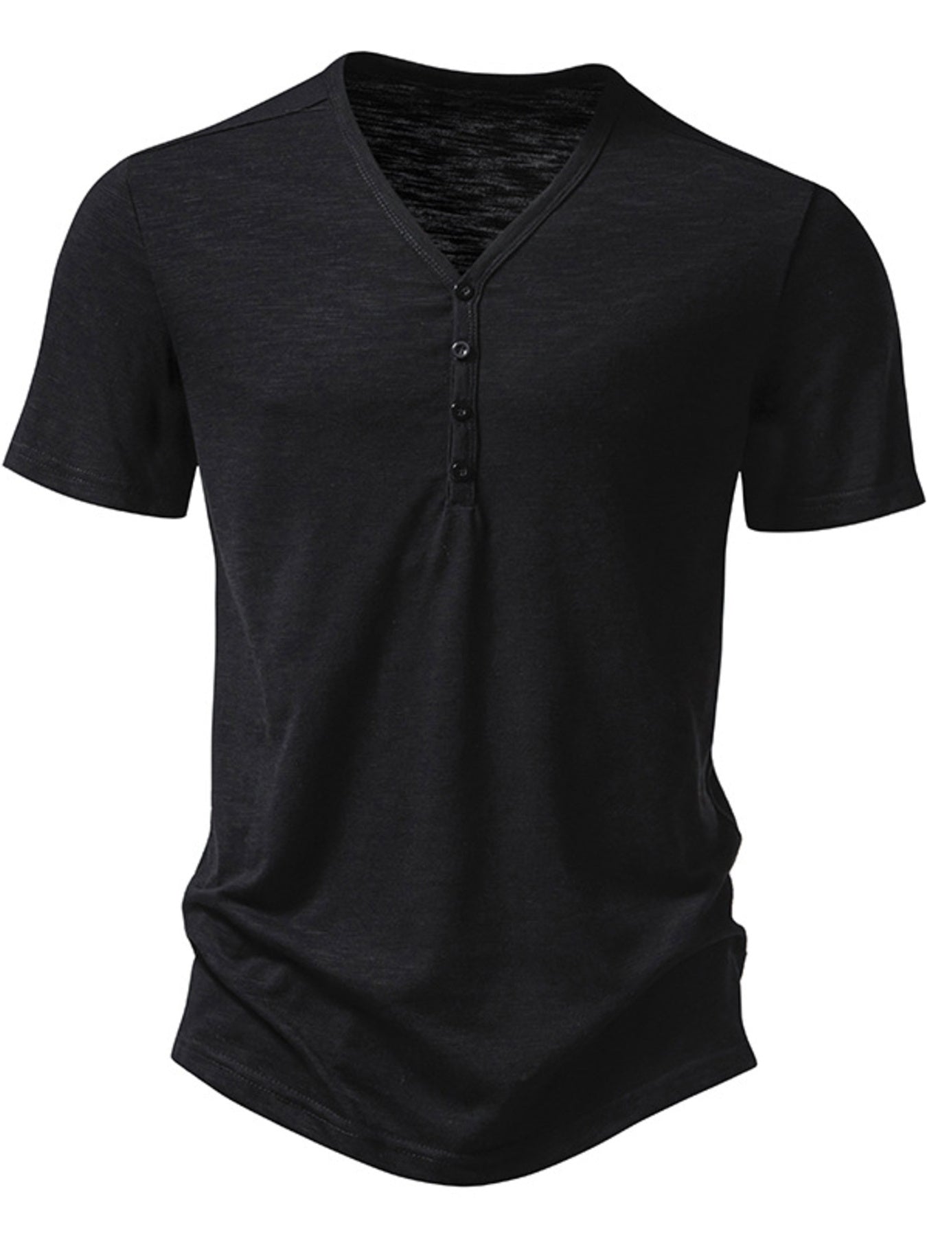 Men's black cotton blend casual t-shirt with button placket and curved hem
