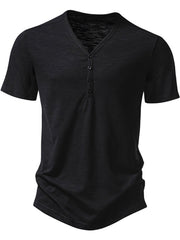 Men's black cotton blend casual t-shirt with button placket and curved hem