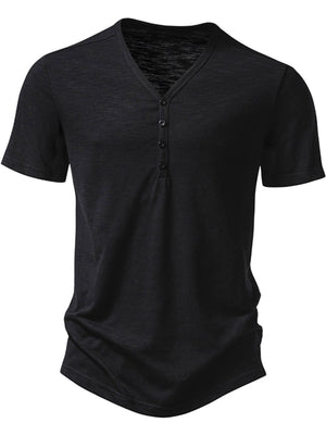 Men's black cotton blend casual t-shirt with button placket and curved hem