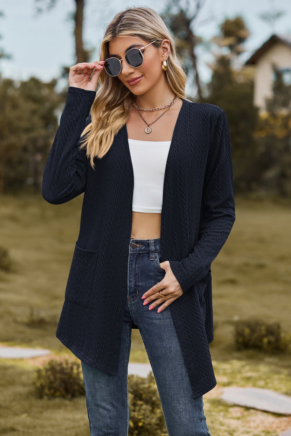Dark Blue textured open-front cardigan with pockets and long sleeves.