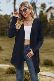 Dark Blue textured open-front cardigan with pockets and long sleeves.