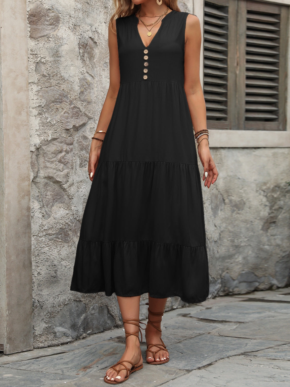 Black tiered midi sundress with V-neck and button detail