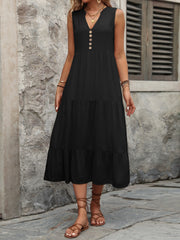 Black tiered midi sundress with V-neck and button detail