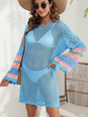 Light blue crochet cover-up with striped bell sleeves and a relaxed fit.