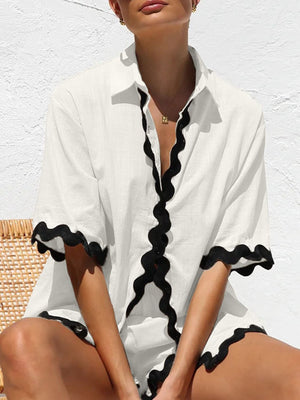 White linen co-ord set with black scalloped trim detail