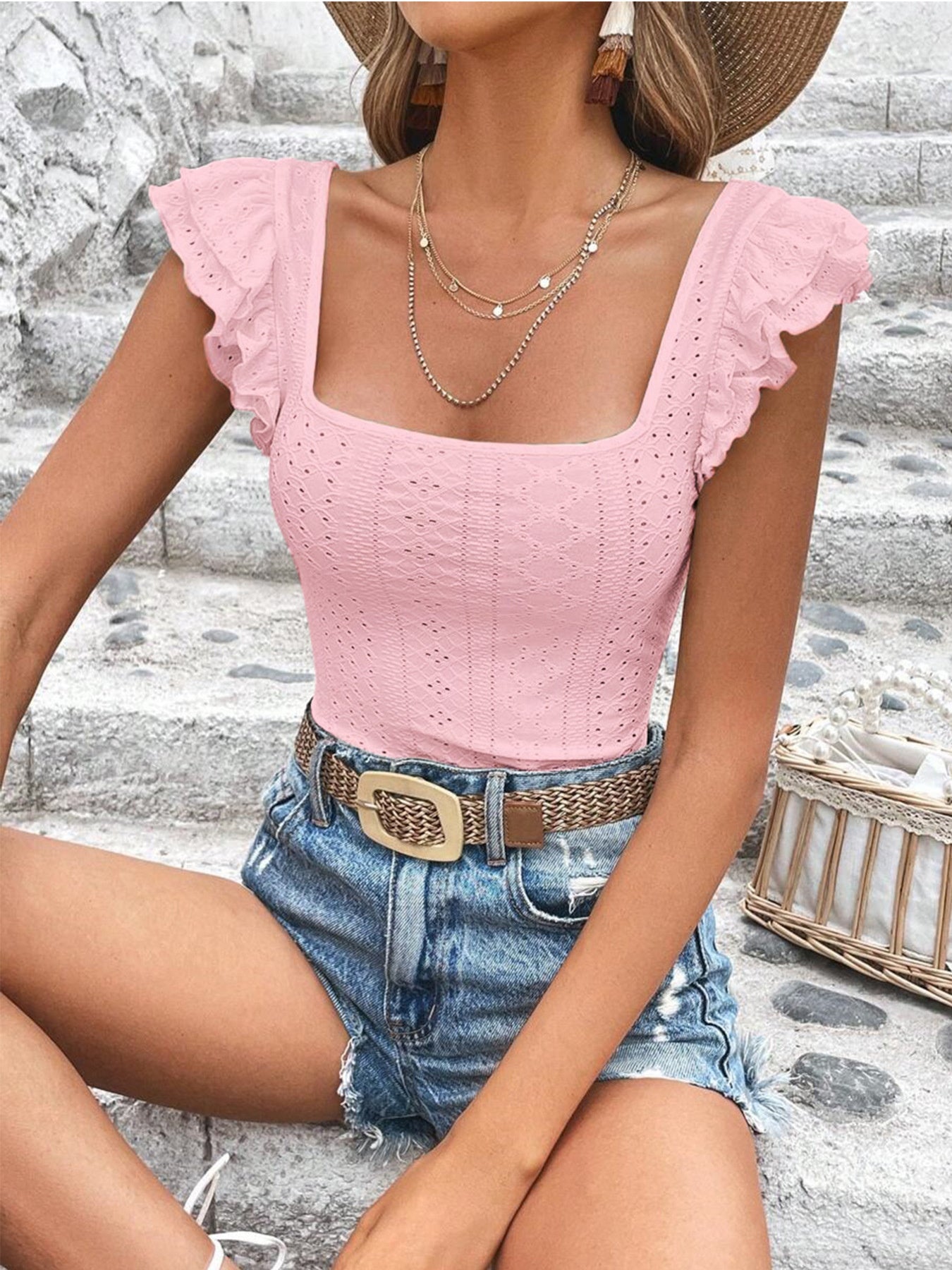 Ruffled square neck t-shirt in blush pink with cap sleeves.