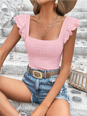 Ruffled square neck t-shirt in blush pink with cap sleeves.