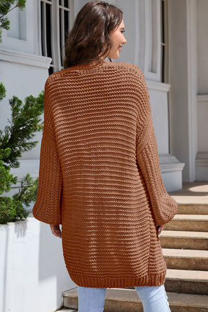 Textured knit cocoon cardigan in Camel with balloon sleeves.
