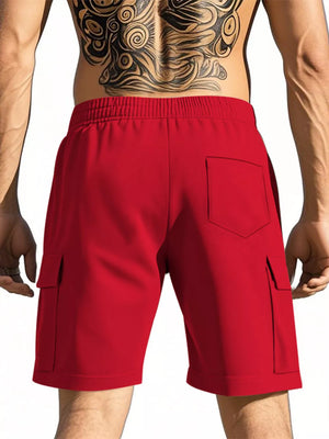 Bright red men's cargo shorts with drawstring waist and side pockets.