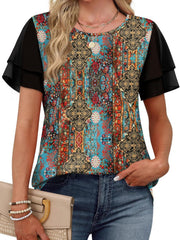 Layered ruffled short sleeve t-shirt with multicolor floral print and black sleeves.
