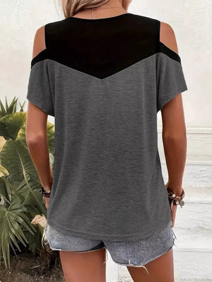 Cold Shoulder Color Block T-shirt in White, model styling view