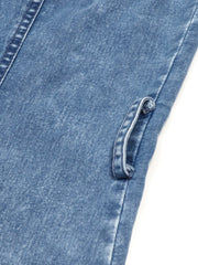 Button-front halter neck denim dress in blue with a rolled detail.