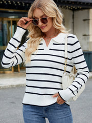 Polo-neck knit top with black and white Breton stripes, long sleeves, and ribbed cuffs.