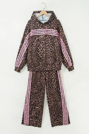 Leopard Print Striped Long Sleeve Top Pant Set in Coffee Brown, back view