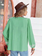 Gum Leaf green blouse with embroidered cuffs and gathered bodice detail