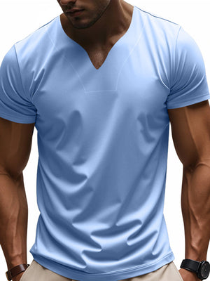 Men's light blue cotton t-shirt with notched V-neck and short sleeves.