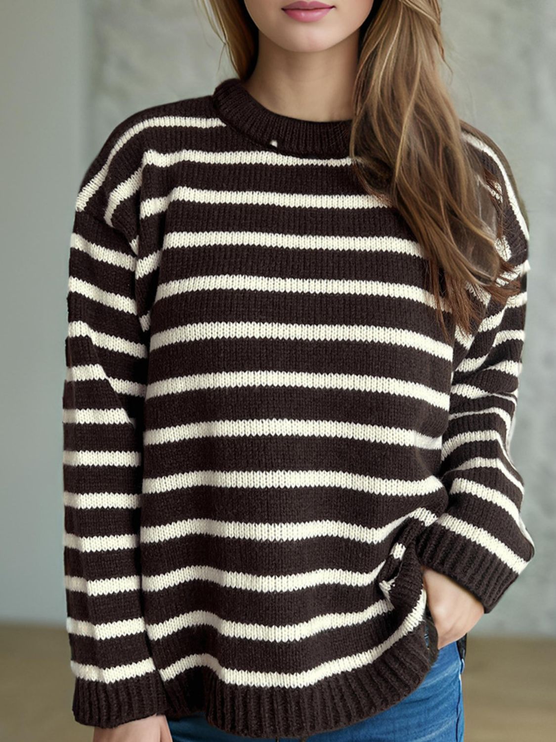 Breton stripe relaxed knit sweater in chocolate and white acrylic with crew neck.
