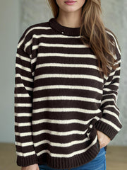 Breton stripe relaxed knit sweater in chocolate and white acrylic with crew neck.