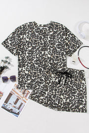 Relaxed leopard print loungewear set with a t-shirt and drawstring shorts.