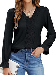 Black floral embroidered eyelet blouse with V-neck and ruffle cuffs