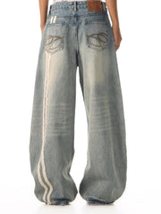 Men's vintage wide leg jeans in blue denim with white stripe detail and baggy fit.
