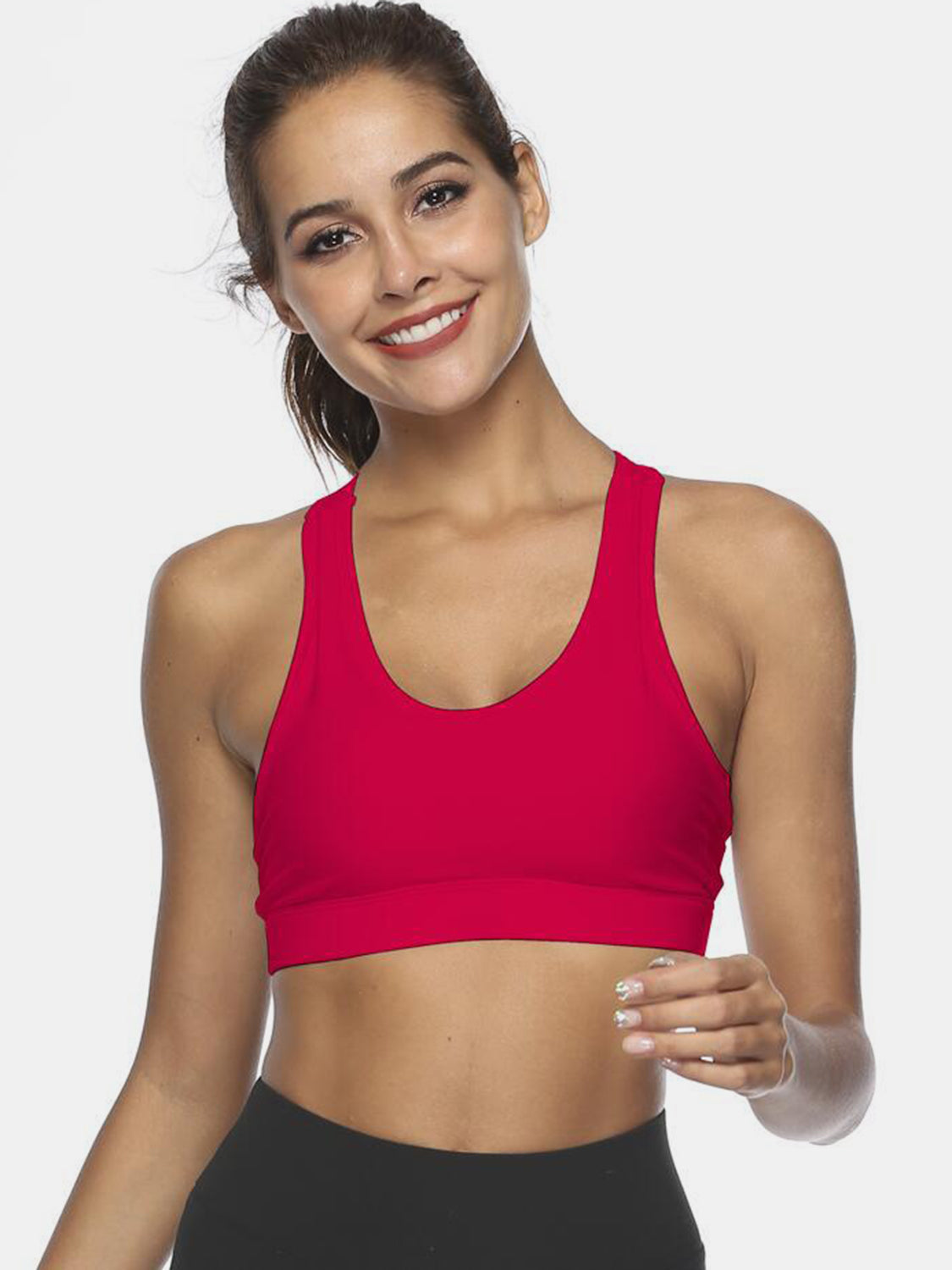 Racerback sports bra in Deep Red with a scoop neckline and wide band.