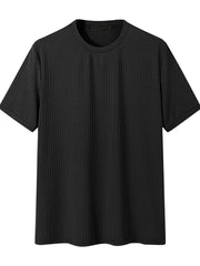 Black ribbed crewneck t-shirt with short sleeves and a textured finish.
