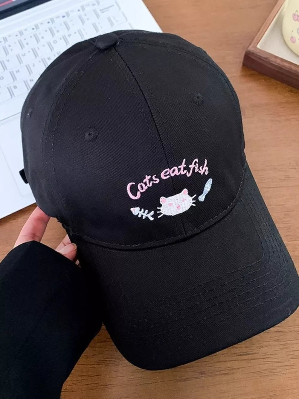 Playful Cat Embroidered Cotton Cap