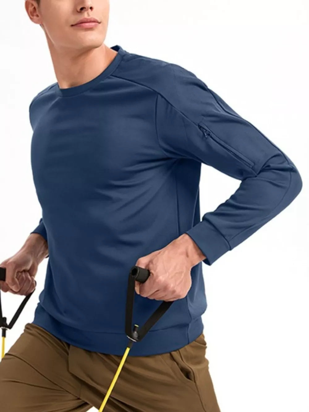 Men's dusty blue zippered sweatshirt with crew neck and long sleeves, athletic fit.