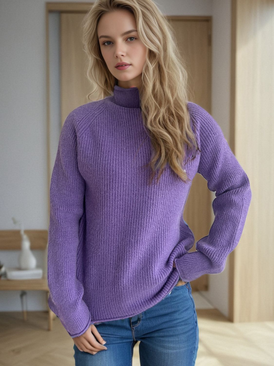 Lavender ribbed turtleneck sweater with raglan sleeves, casual acrylic knit.