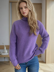 Lavender ribbed turtleneck sweater with raglan sleeves, casual acrylic knit.