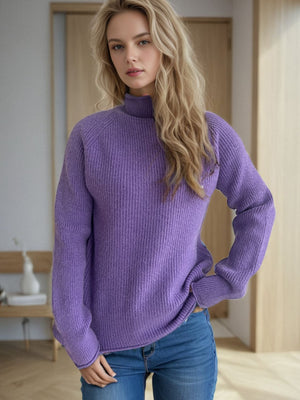 Lavender ribbed turtleneck sweater with raglan sleeves, casual acrylic knit.