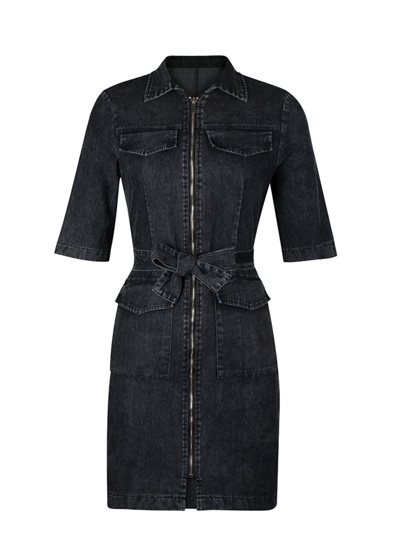 Black denim shirt dress with zipper front, tie waist, and short sleeves.
