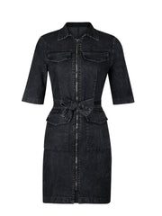 Black denim shirt dress with zipper front, tie waist, and short sleeves.